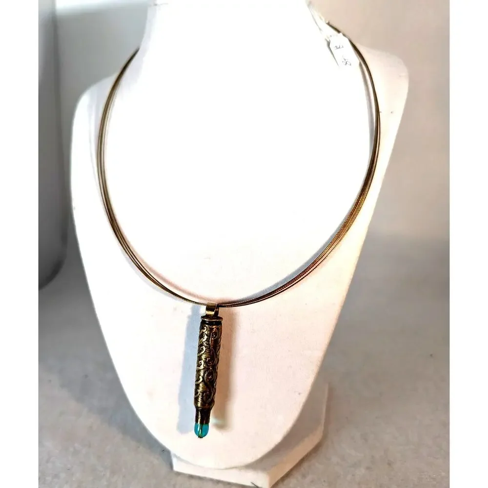 Bullet pendant necklace hand acid etched brass with glass bead wire neck;ace NIB
